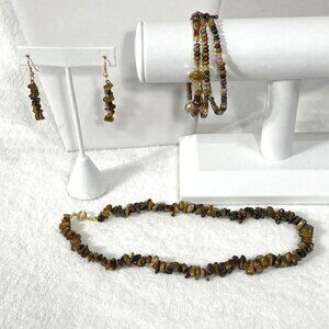 Tiger's eye necklace, earrings and beaded bracelet set.